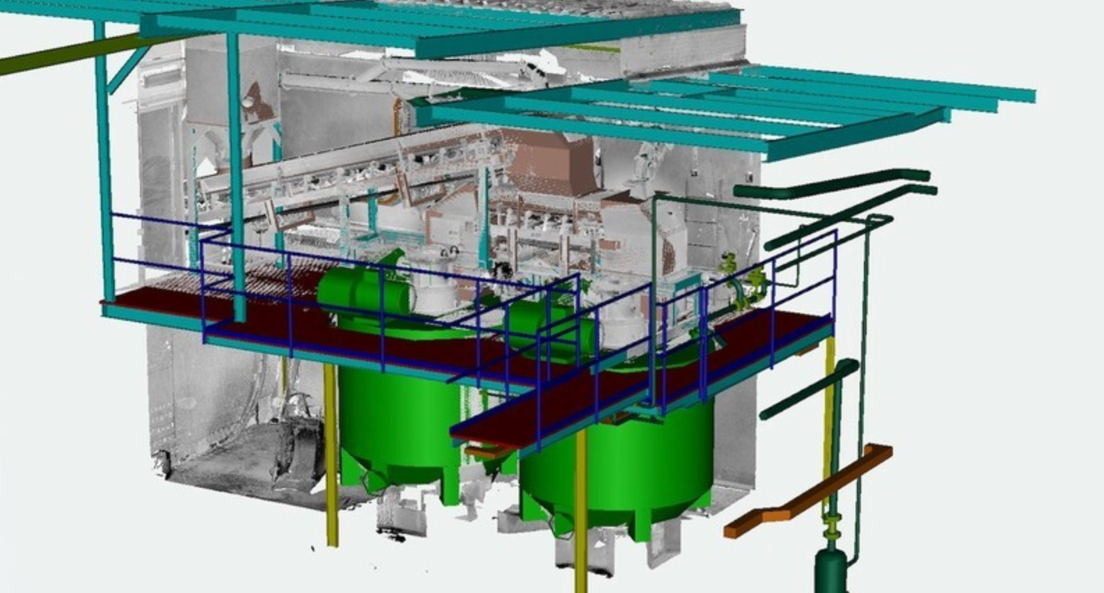 Mračno bodů z laserového skeneru s proloženým 3D modelem technologie