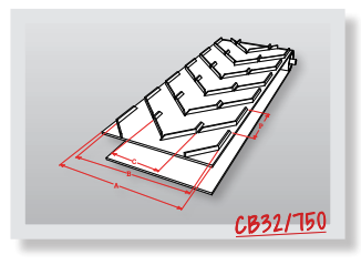 Pás chevron CB32/750, schéma rozměrů A, B, P